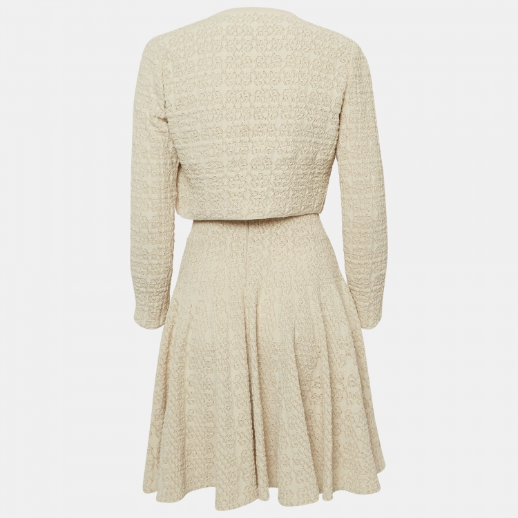 Pre Owned Alaia Beige Tweed Cropped Cardigan and Flared Mini Dress Set L