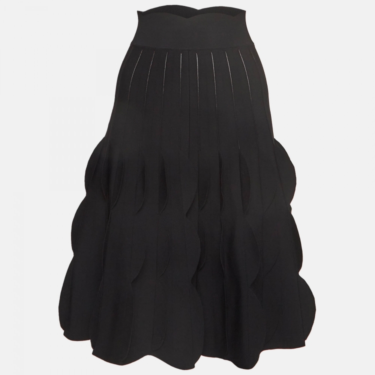 Pre Owned Alaia Black Knit Flared Scalloped Trim Midi Skirt M