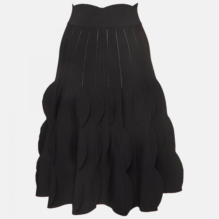 Pre Owned Alaia Black Knit Flared Scalloped Trim Midi Skirt M
