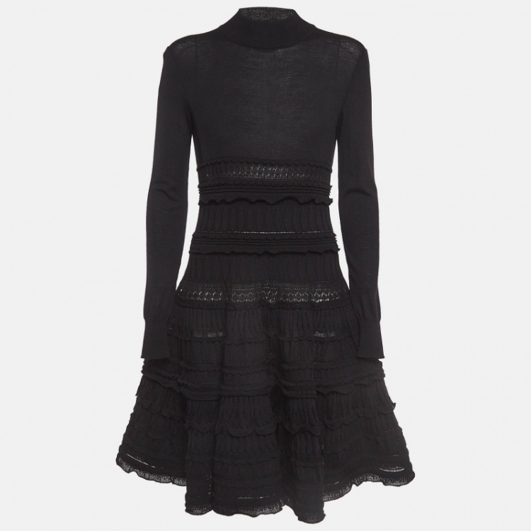 Pre Owned Alaia Black Wool Patterned Knit High Neck Short Dress L