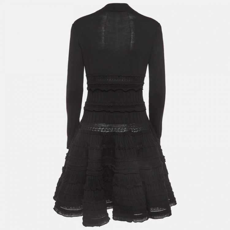 Pre Owned Alaia Black Wool Patterned Knit High Neck Short Dress L