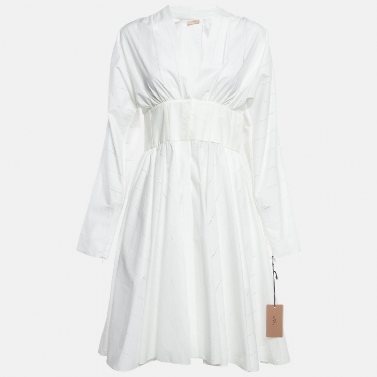 Pre Owned Alaia White Perforated Cotton Fit & Flare Short Dress L