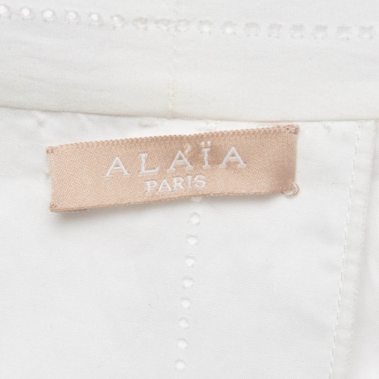 Pre Owned Alaia White Perforated Cotton Fit & Flare Short Dress L