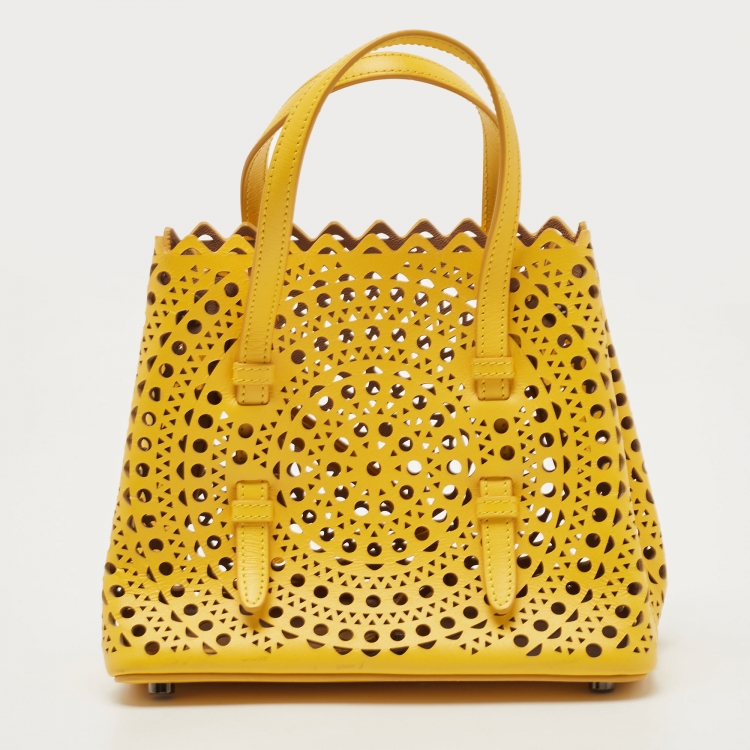 Pre Owned Alaia Yellow Laser Cut Leather Le Mina 20 Tote
