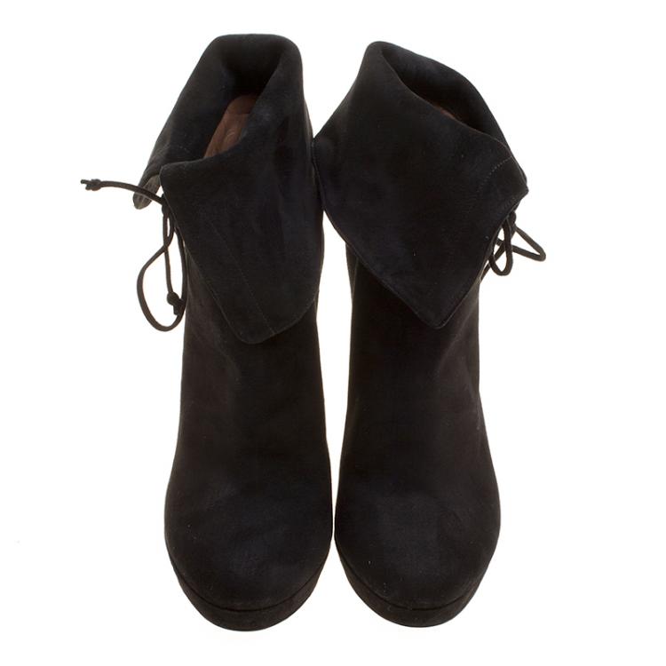 Pre Owned Alaia Black Suede Ankle Cuff Side Lace Up Boots Size 38