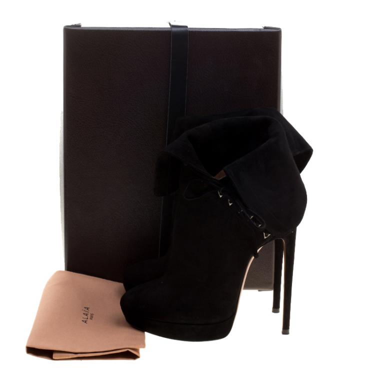 Pre Owned Alaia Black Suede Ankle Cuff Side Lace Up Boots Size 38