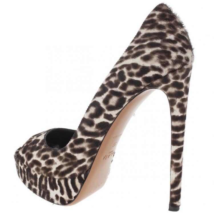 Pre Owned Azzedine Alaia Leopard Pony Hair Peep Toe Platform Pumps Size 37
