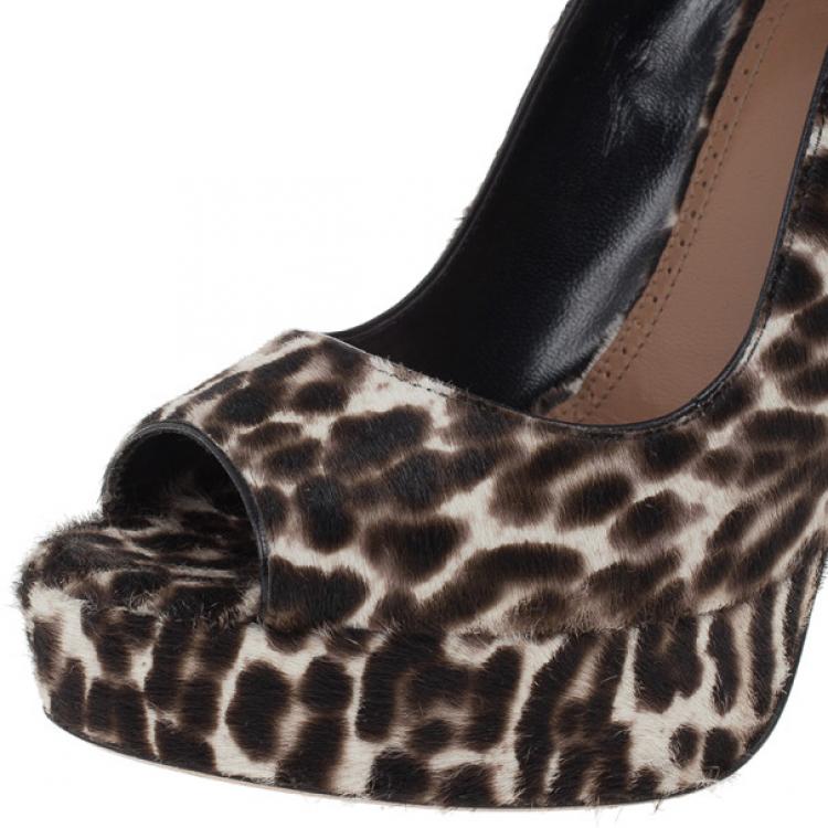 Pre Owned Azzedine Alaia Leopard Pony Hair Peep Toe Platform Pumps Size 37