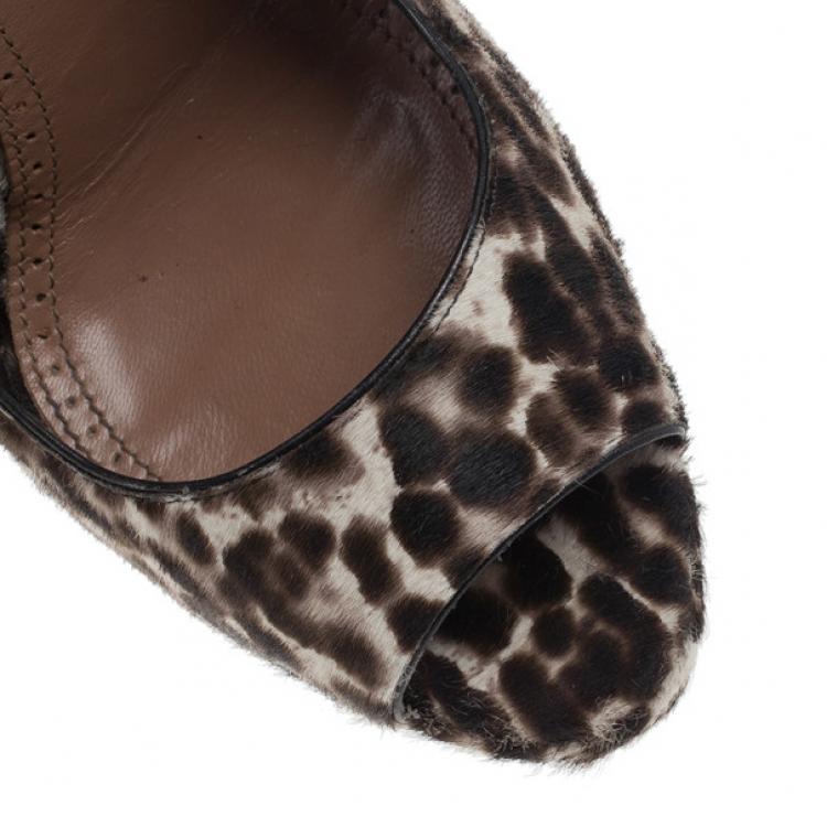 Pre Owned Azzedine Alaia Leopard Pony Hair Peep Toe Platform Pumps Size 37
