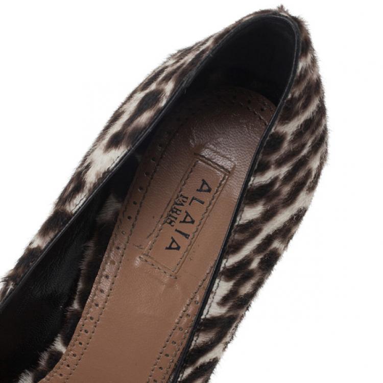 Pre Owned Azzedine Alaia Leopard Pony Hair Peep Toe Platform Pumps Size 37