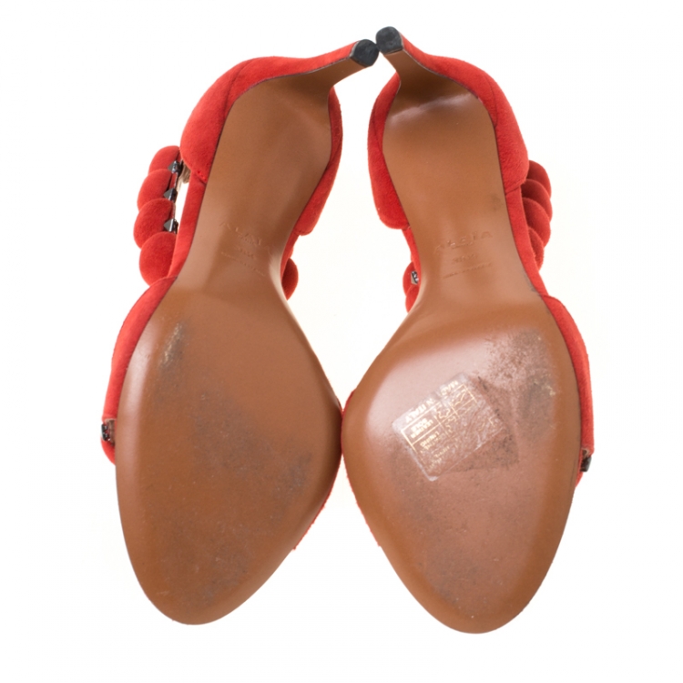 Pre Owned Alaia Red Suede Bombe Stud Embellished Open Toe Sandals Size 38.5