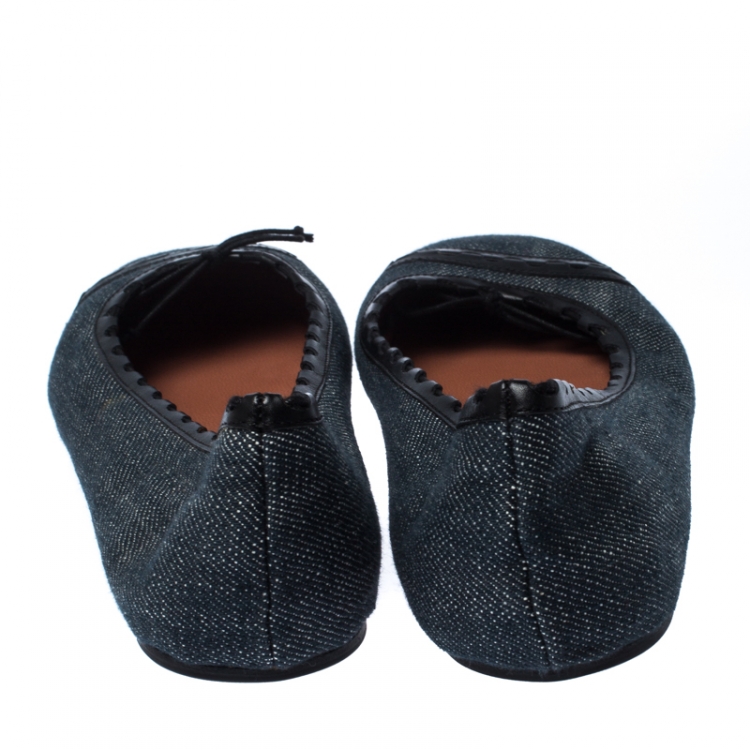Pre Owned Alaia Black/Blue Denim Bow Ballet Flats Size 37