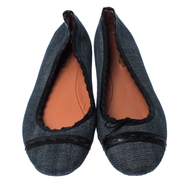 Pre Owned Alaia Black/Blue Denim Bow Ballet Flats Size 37