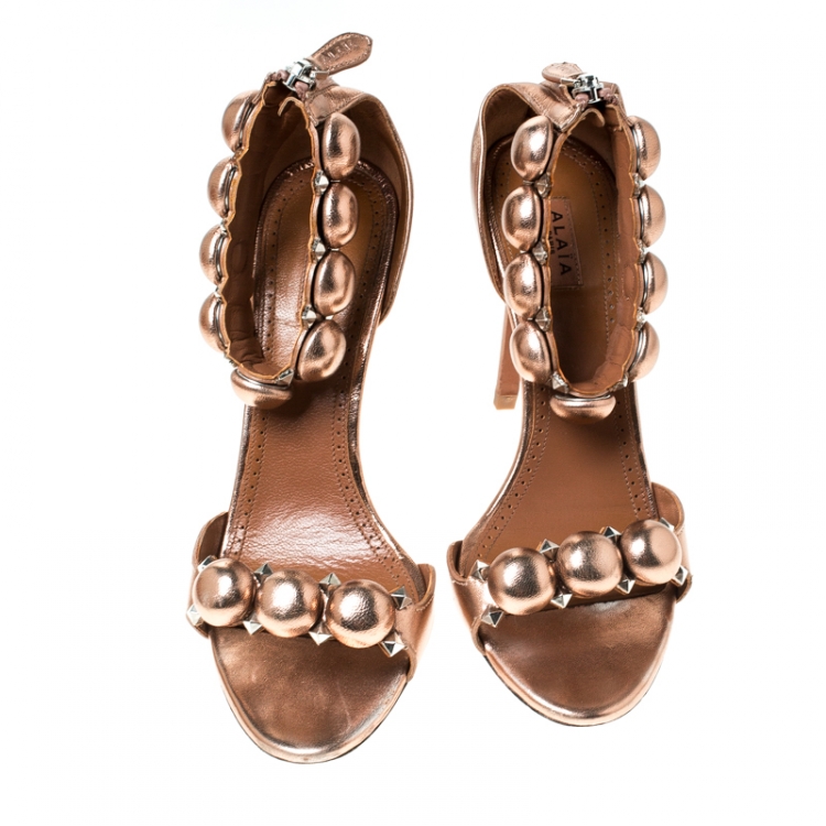 Pre Owned Alaia Metallic Bronze Leather Embellished Open Toe Ankle Cuff Sandals Size 37.5