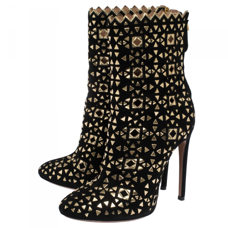 Pre Owned Alaia Black/Gold Lasercut Suede and Patent Leather Studded Ankle Boots Size 40