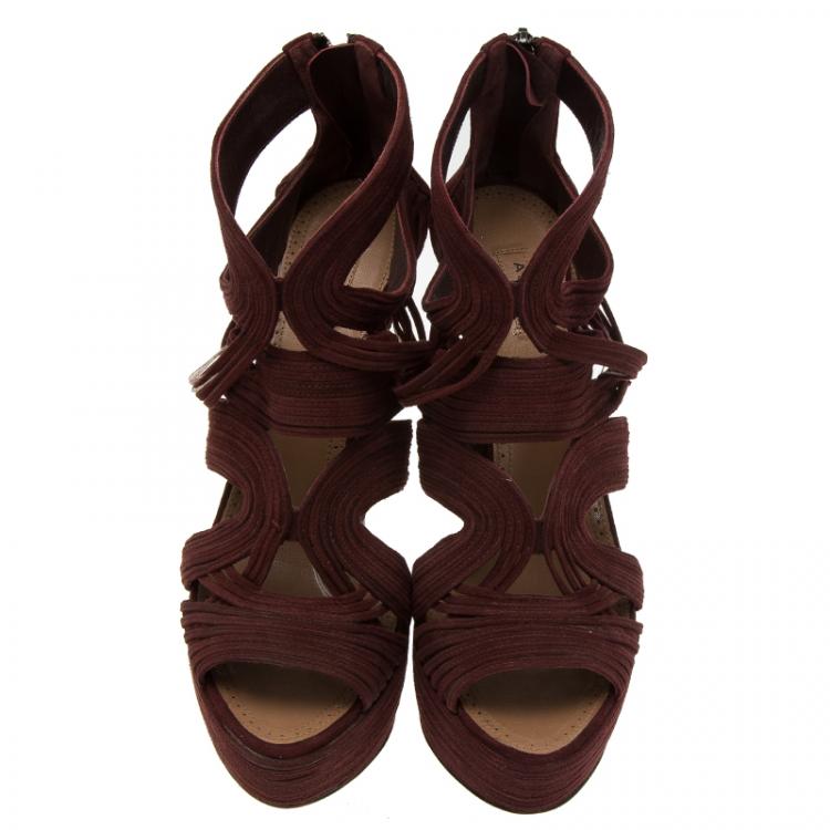 Pre Owned Azzedine Alaia Burgundy Suede Wave Cut Out Platform Sandals Size 39.5
