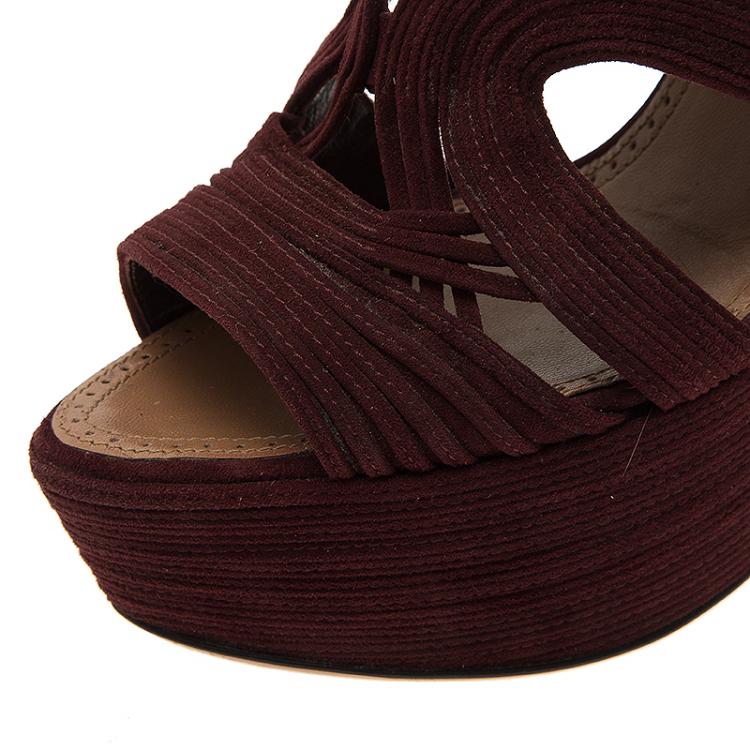 Pre Owned Azzedine Alaia Burgundy Suede Wave Cut Out Platform Sandals Size 39.5