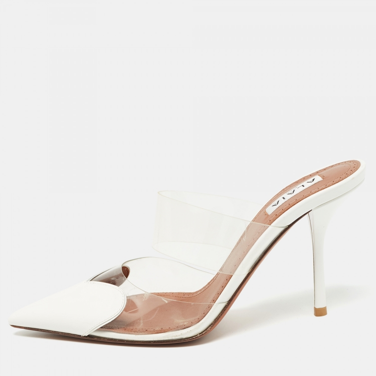 Pre Owned Alaia White/ Transparent PVC and Patent Mules Size 38