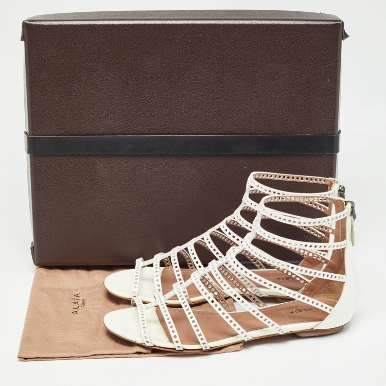 Pre Owned Alaia White Patent Leather Laser Cut Strappy Flat Sandals Size 37