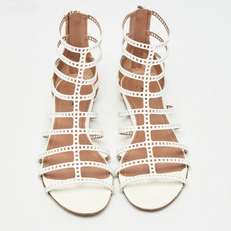 Pre Owned Alaia White Patent Leather Laser Cut Strappy Flat Sandals Size 37