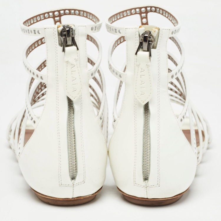 Pre Owned Alaia White Patent Leather Laser Cut Strappy Flat Sandals Size 37