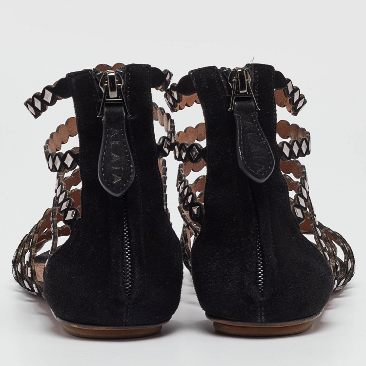 Pre Owned Alaia Black Suede Studded Strappy Flat Sandals Size 37