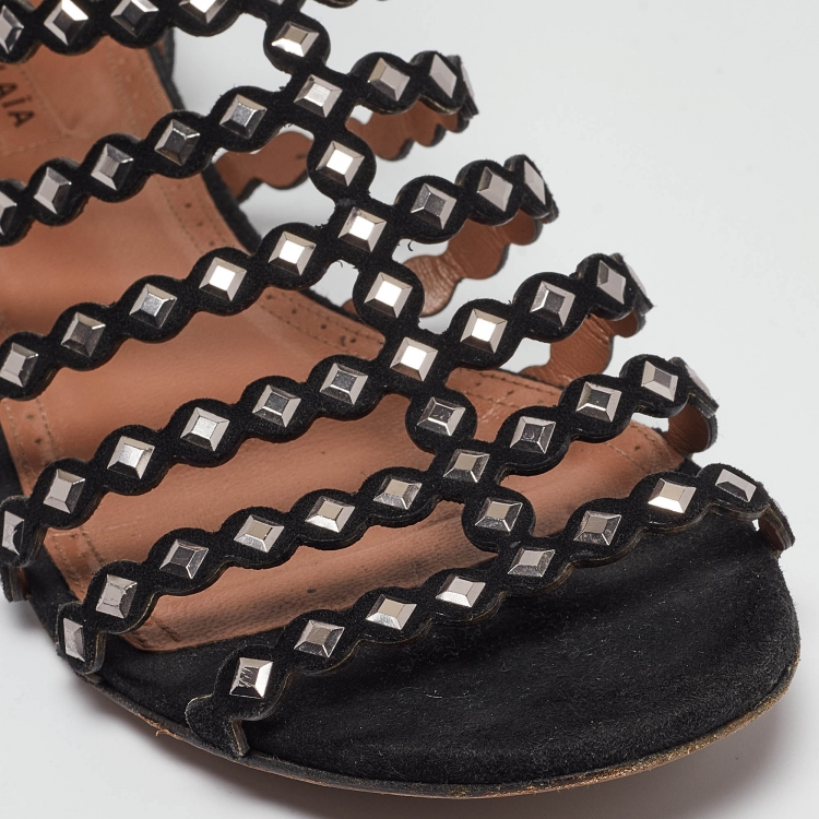 Pre Owned Alaia Black Suede Studded Strappy Flat Sandals Size 37