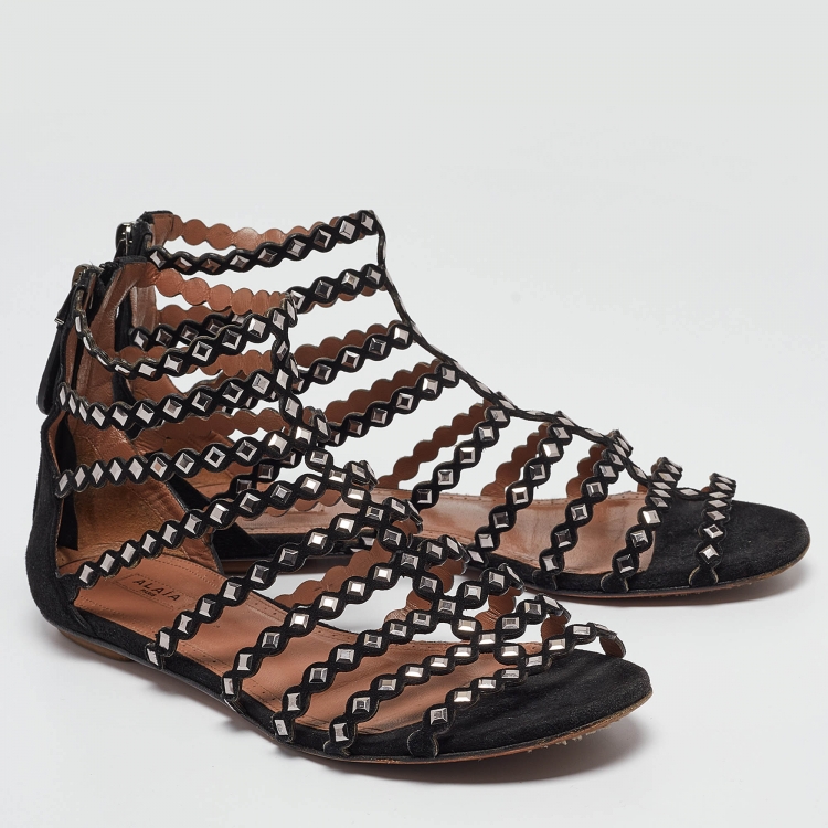 Pre Owned Alaia Black Suede Studded Strappy Flat Sandals Size 37