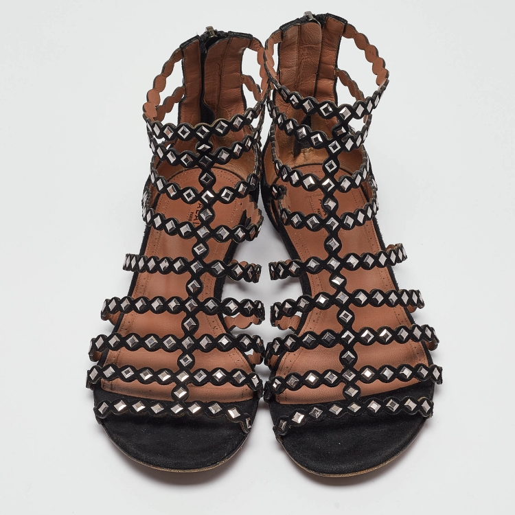 Pre Owned Alaia Black Suede Studded Strappy Flat Sandals Size 37