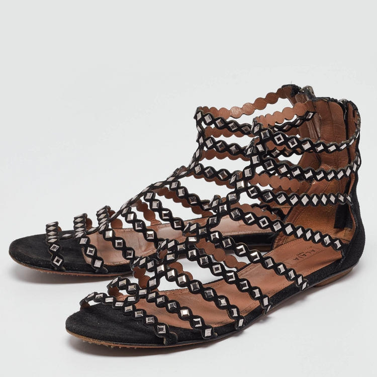 Pre Owned Alaia Black Suede Studded Strappy Flat Sandals Size 37