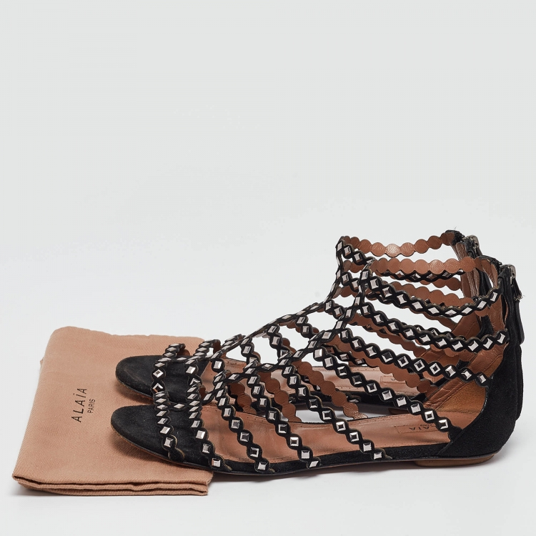 Pre Owned Alaia Black Suede Studded Strappy Flat Sandals Size 37
