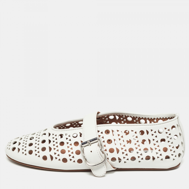Pre Owned Alaia White Leather Marry jane Ballet Flats Size 37.5