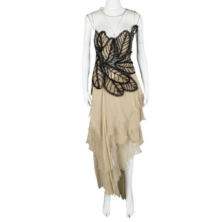 Pre Owned Alberta Ferretti Beige Applique Detail Layered Organdy Embroidered Dress L