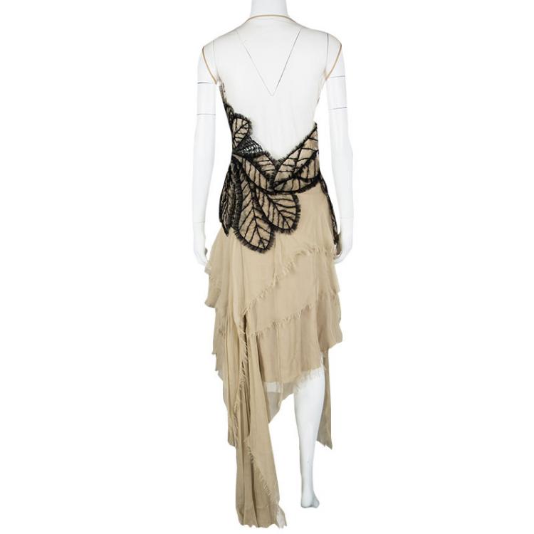 Pre Owned Alberta Ferretti Beige Applique Detail Layered Organdy Embroidered Dress L