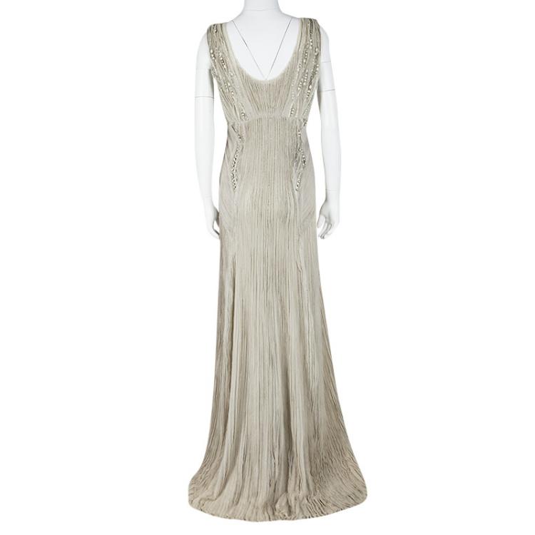 Pre Owned Alberta Ferretti Grey Embellished Crinkled Tulle Sleeveless Gown L