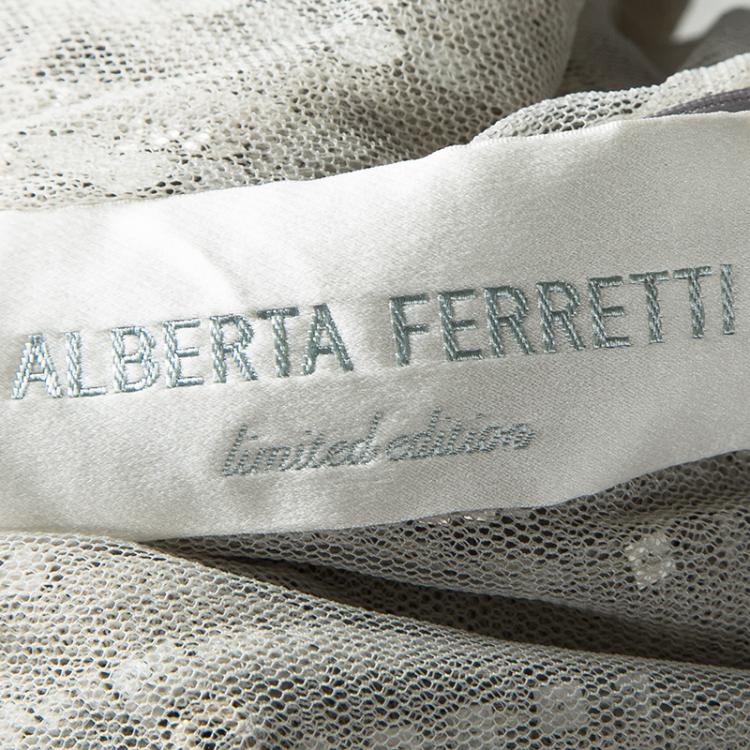 Pre Owned Alberta Ferretti Grey Embellished Crinkled Tulle Sleeveless Gown L