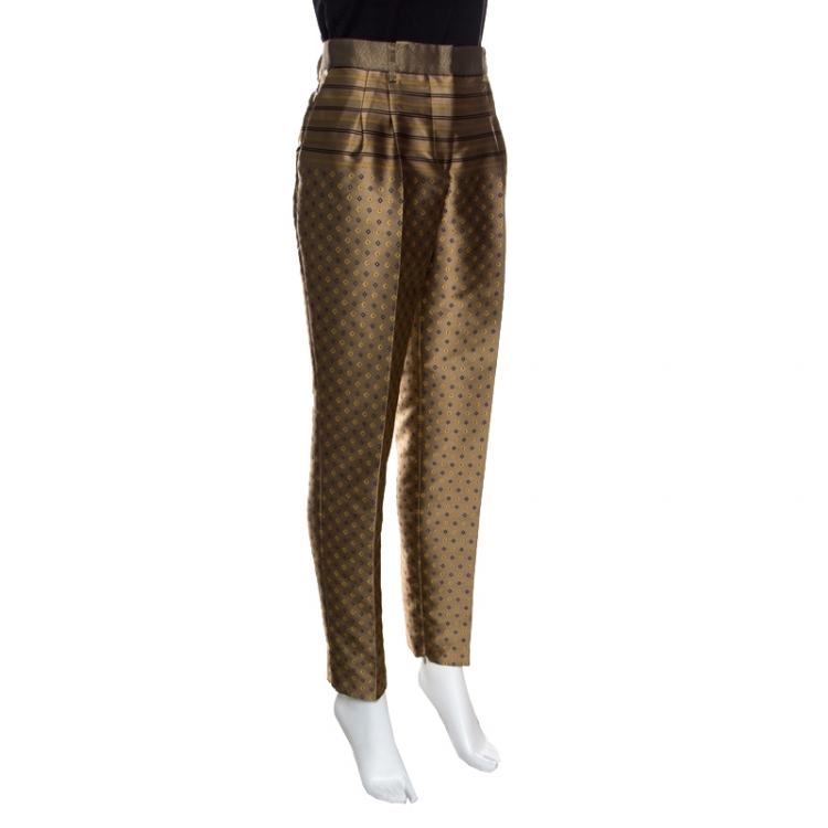Pre Owned Alberta Ferretti Dull Gold Patterned Jacquard High Waist Tapered Trousers M