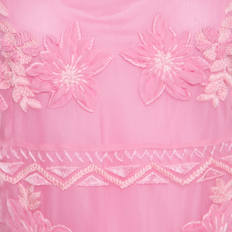 Pre Owned Alberta Ferretti Pink Hand Embroidered Silk Sleeveless Dress L