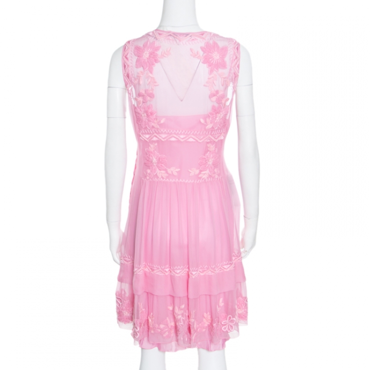 Pre Owned Alberta Ferretti Pink Hand Embroidered Silk Sleeveless Dress L