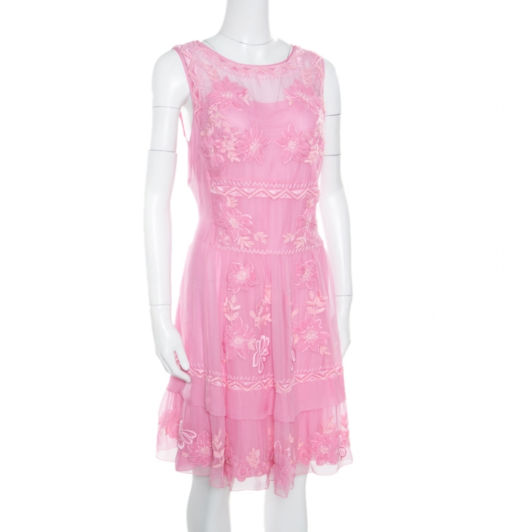 Pre Owned Alberta Ferretti Pink Hand Embroidered Silk Sleeveless Dress L