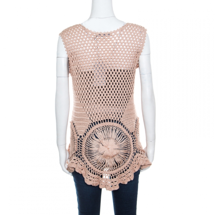 Pre Owned Alberta Ferretti Beige Cotton Open Weave Crochet Sleeveless Flared Top L
