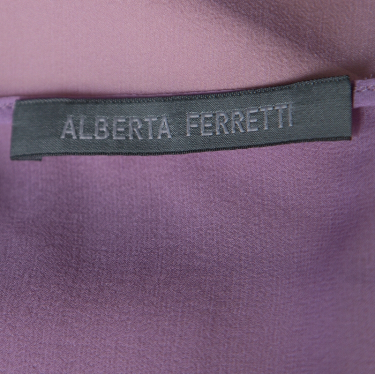 Pre Owned Alberta Ferretti Purple and Green Silk Lace Panel Insert Asymmetric Dress L