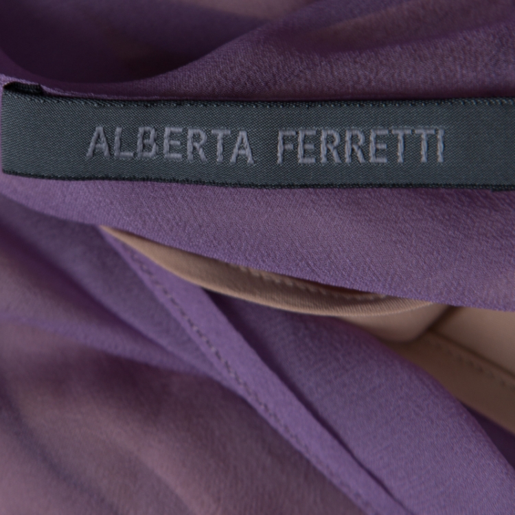 Pre Owned Alberta Ferretti Purple and Green Silk Lace Panel Insert Asymmetric Dress L
