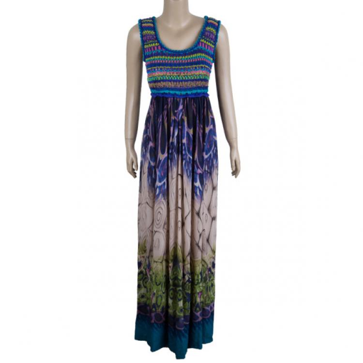 Pre Owned Alberta Ferretti Multicolor Printed Silk And Knit Maxi Dress S