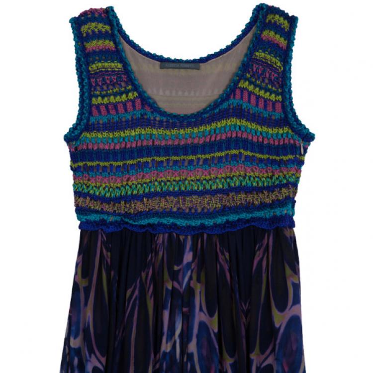 Pre Owned Alberta Ferretti Multicolor Printed Silk And Knit Maxi Dress S