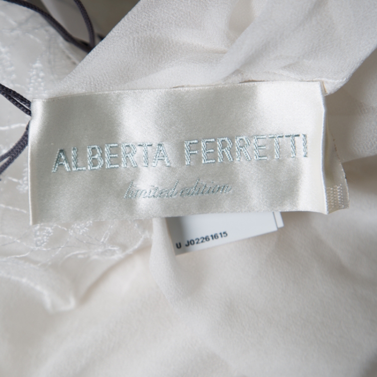 Pre Owned Alberta Ferretti Limited Edition Off White Lace and Silk Sheer Long Sleeve Blouse L