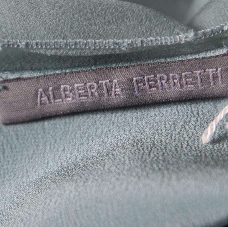 Pre Owned Alberta Ferretti Pale Green Crystal Embellished Flutter Sleeve Silk Evening Gown L 