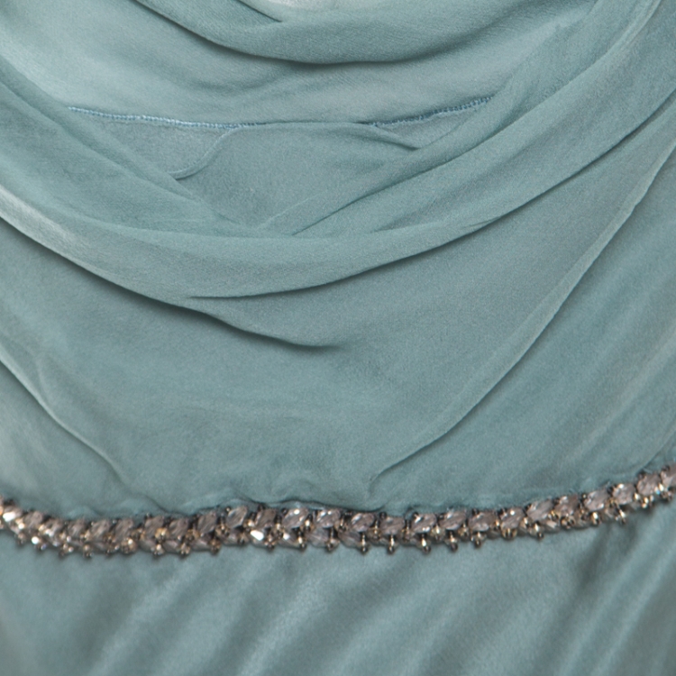 Pre Owned Alberta Ferretti Pale Green Crystal Embellished Flutter Sleeve Silk Evening Gown L 