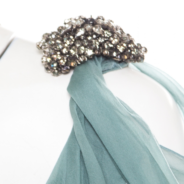 Pre Owned Alberta Ferretti Pale Green Crystal Embellished Flutter Sleeve Silk Evening Gown L 