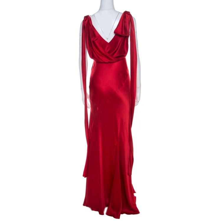 Pre Owned Alberta Ferretti Red Silk Bow Tie Detail Draped Evening Gown M
